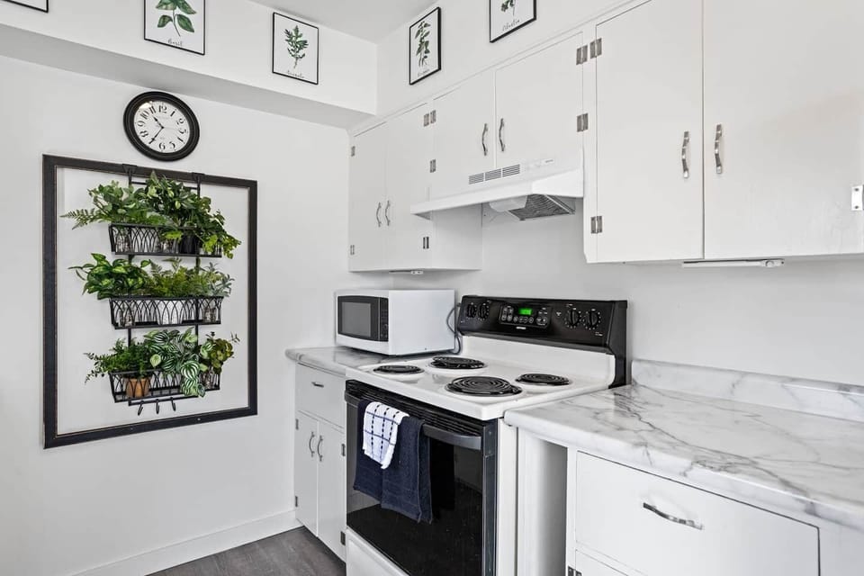 Microwave, stove, & oven all waiting to serve you.