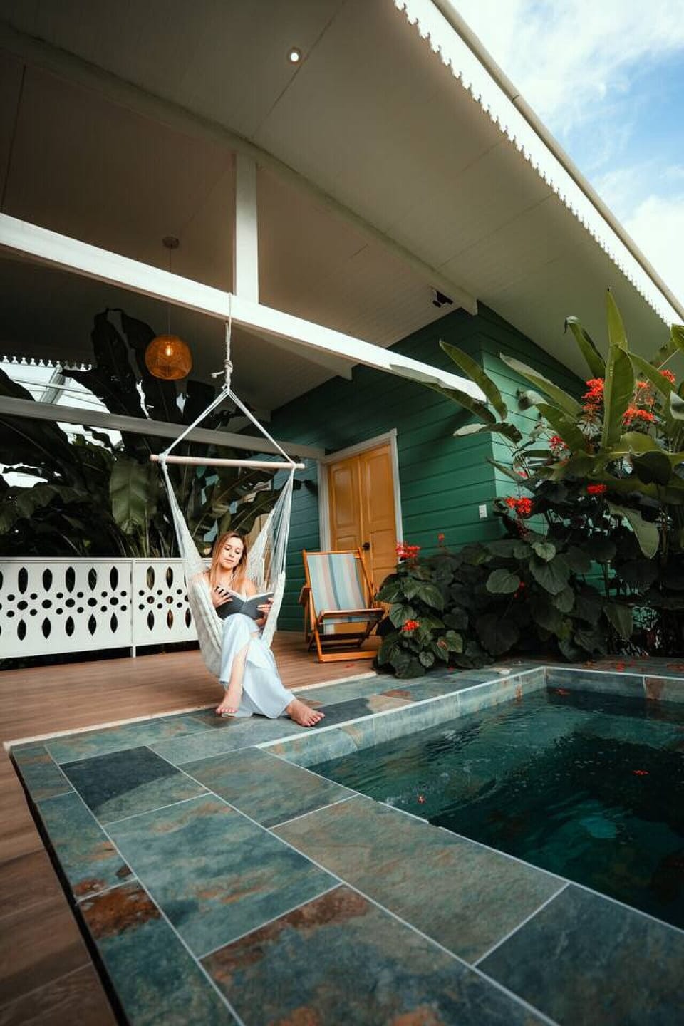 Poolside hammock and relaxing outdoor lounge area in Cahuita