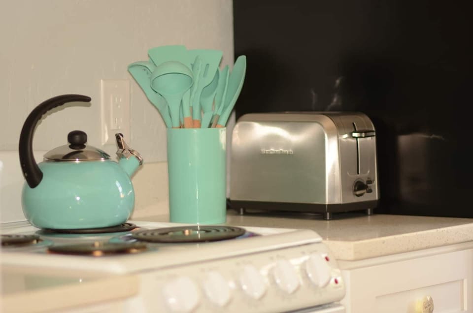 Tea Kettle, utensils, toaster