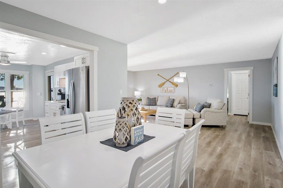 The just off the kitchen, the dining area is open to the living area.