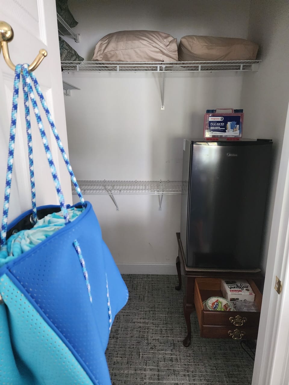 Beach bag with towels for use at the pool or lake - Mini fridge with paper goods