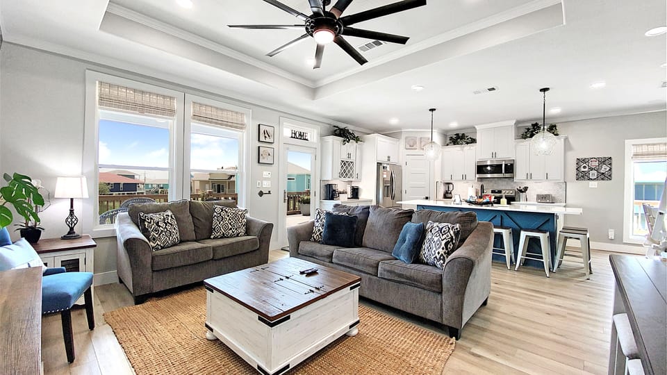 Living room includes a pull-out memory foam sofa bed that comfortably sleeps 2. 