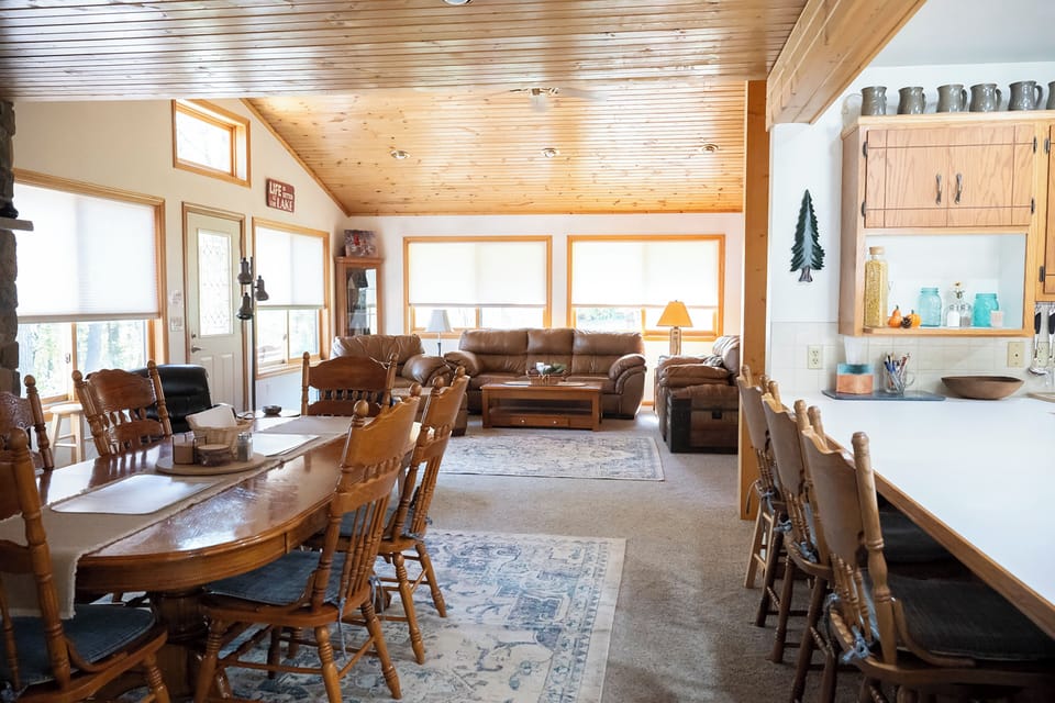 Lake views from the kitchen, living room and dining room.