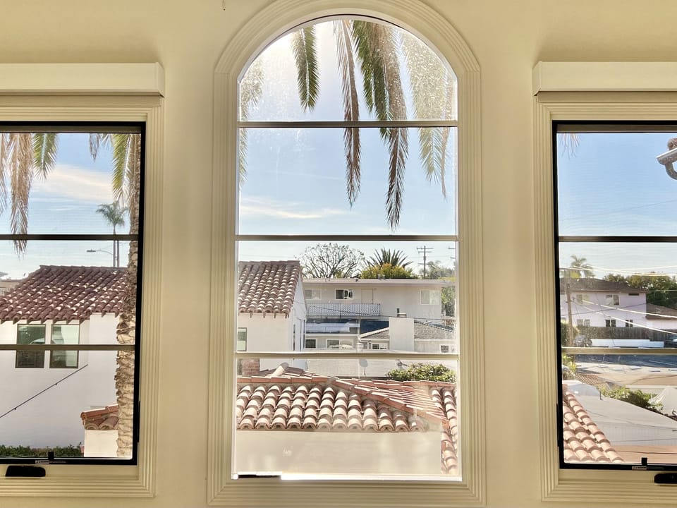 Master bedroom window view of 2 majestic palms. 