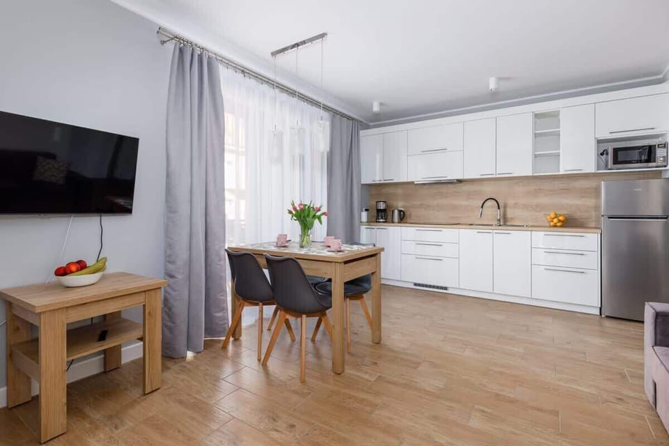 Living room with a fold-out sofa, television, kitchenette, and exit to terrace.