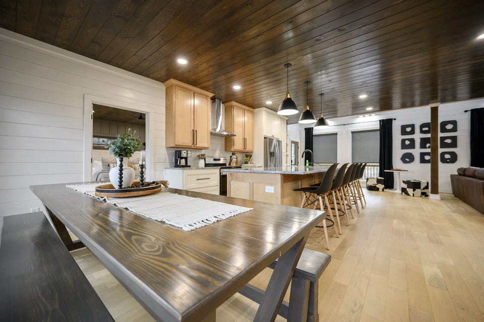 The dining area and kitchen.