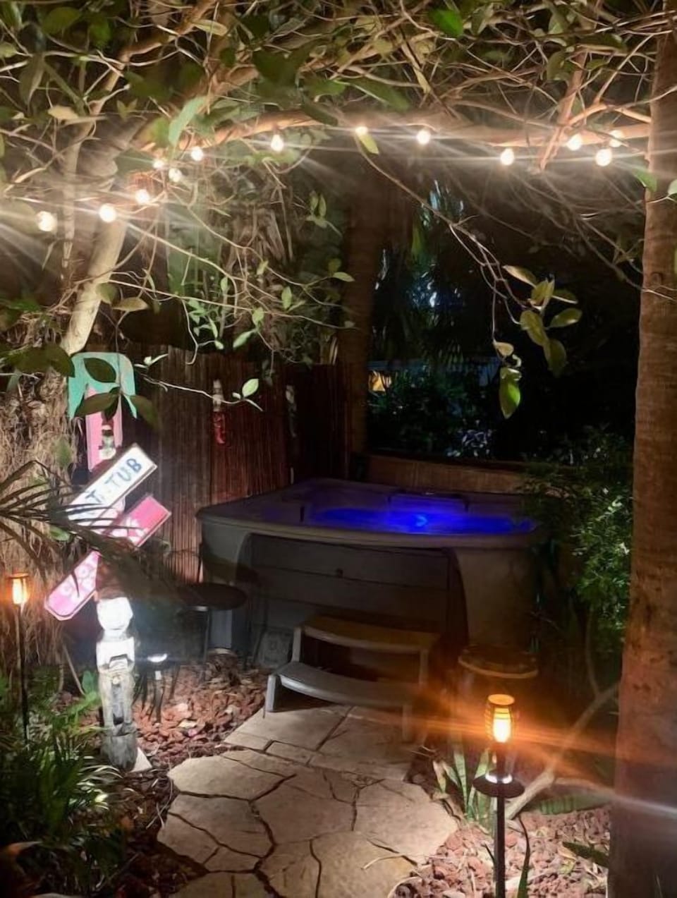 Stone path to the hot springs spa under the Palm Trees. Beau-tee-full every nite