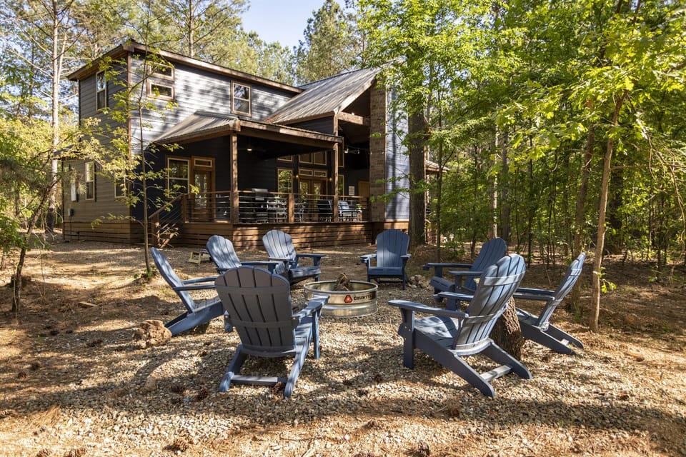 Fire pit with 8 chairs and party lights