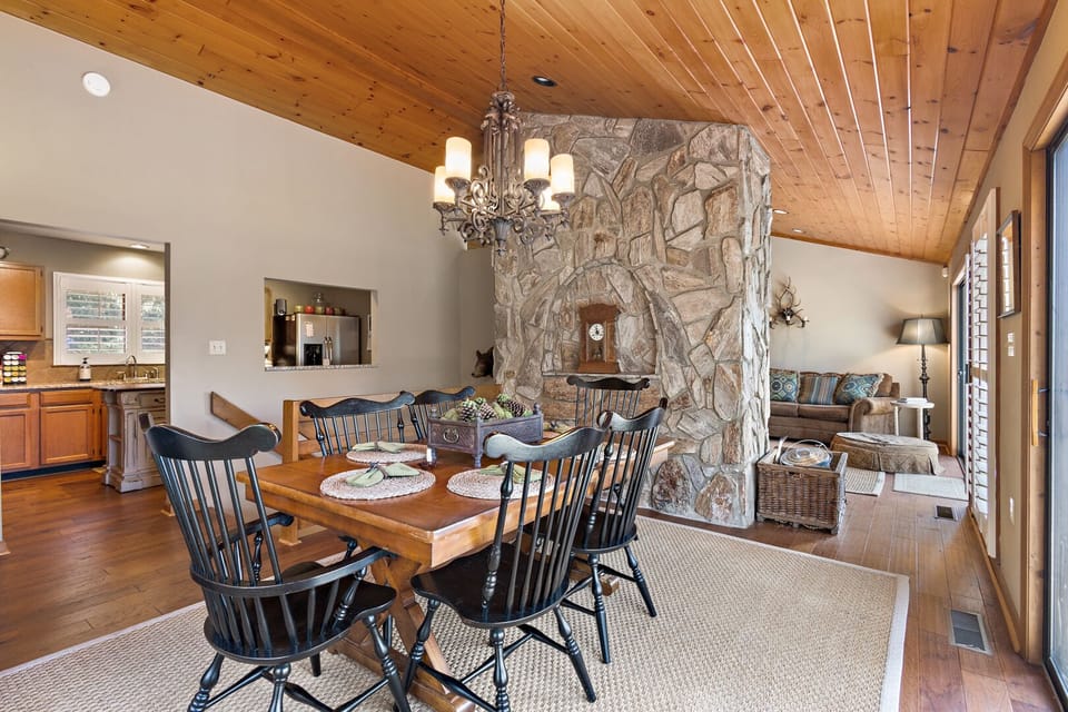 Dining Room with Tongue-and-Groove Ceilings and Hardwood Floors