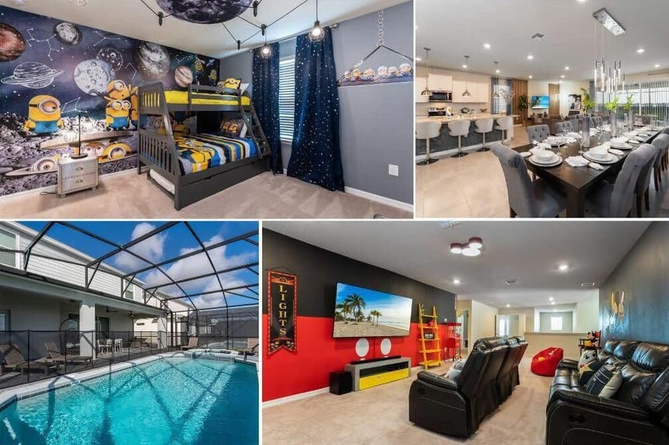 Experience fun and relaxation in this Minion-themed room, elegant dining area, private pool, and vibrant game room—perfect for family getaways!