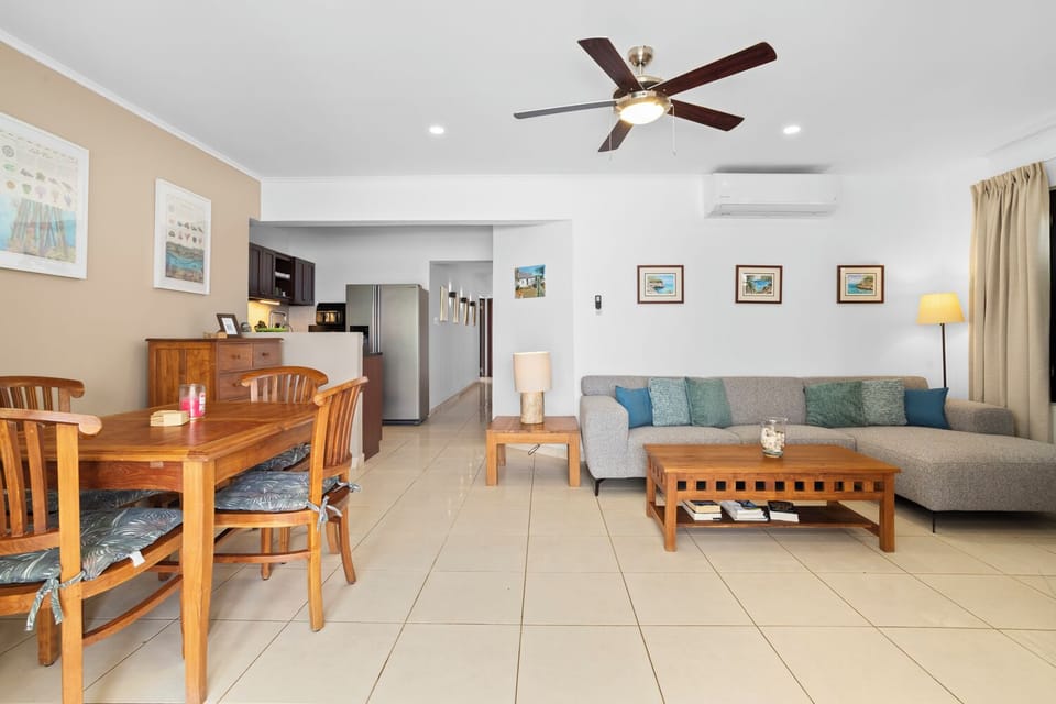 oceanfront living with open kitchen 