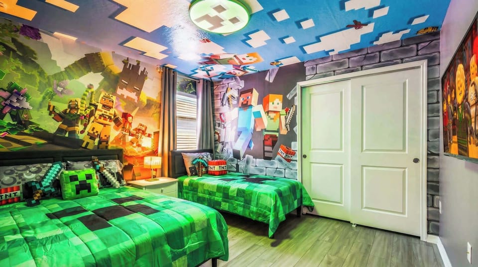 Minecraft-themed kids room with pixel-perfect walls, cozy green beds, and fun decor.