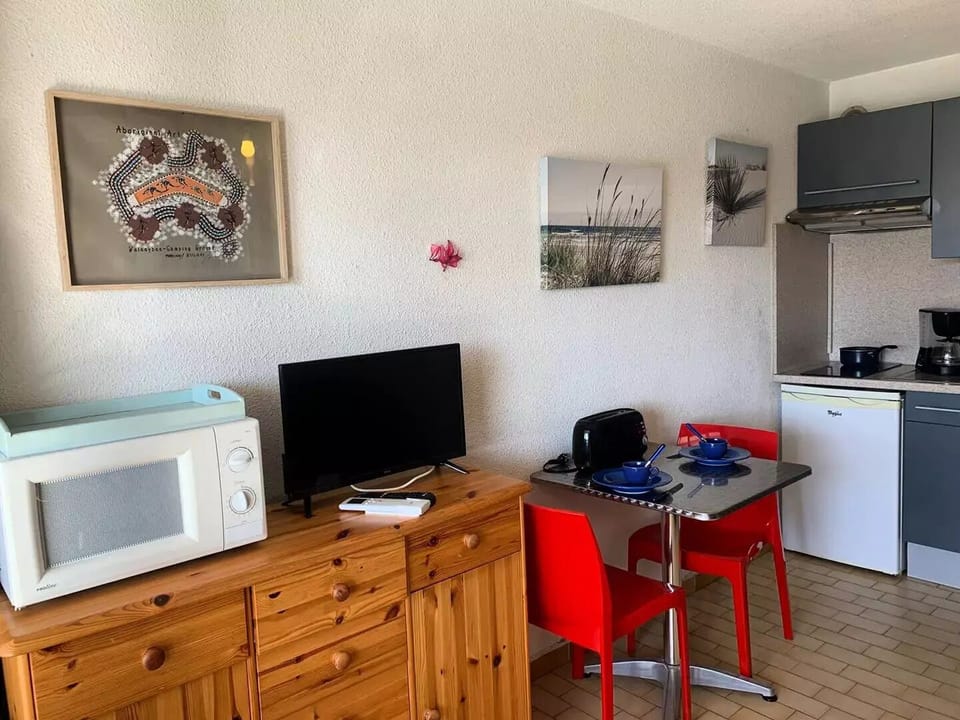 Fridge, microwave, electric kettle, toaster