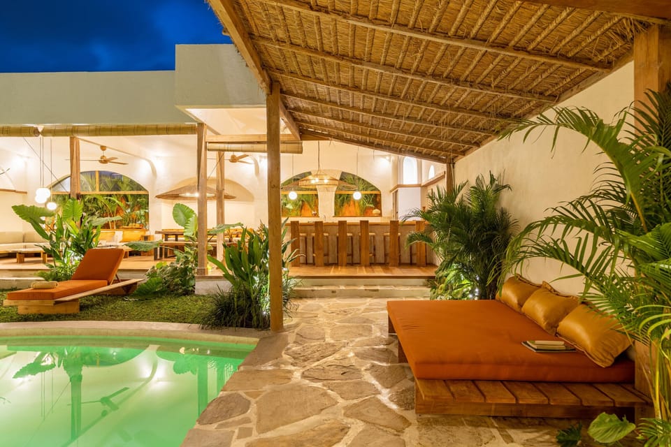 terrace with pool and bed lounge