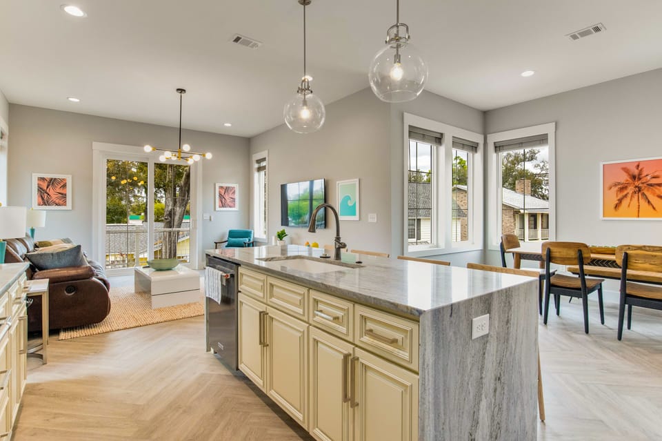 Our kitchen with an island provides plenty of counter space for meal prep.
