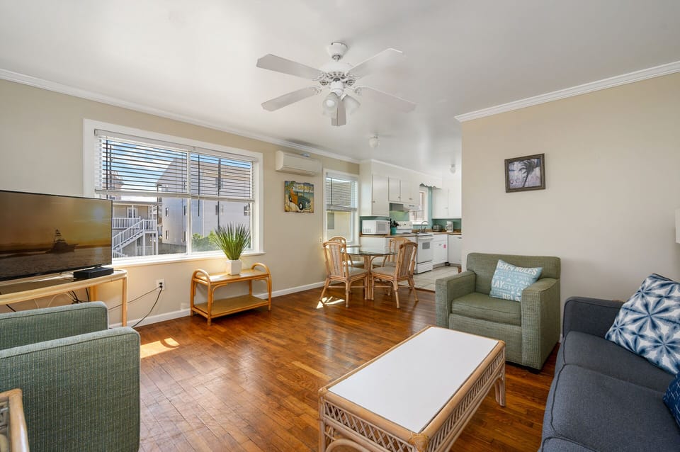 The updated furniture and open floor plan will welcome you in