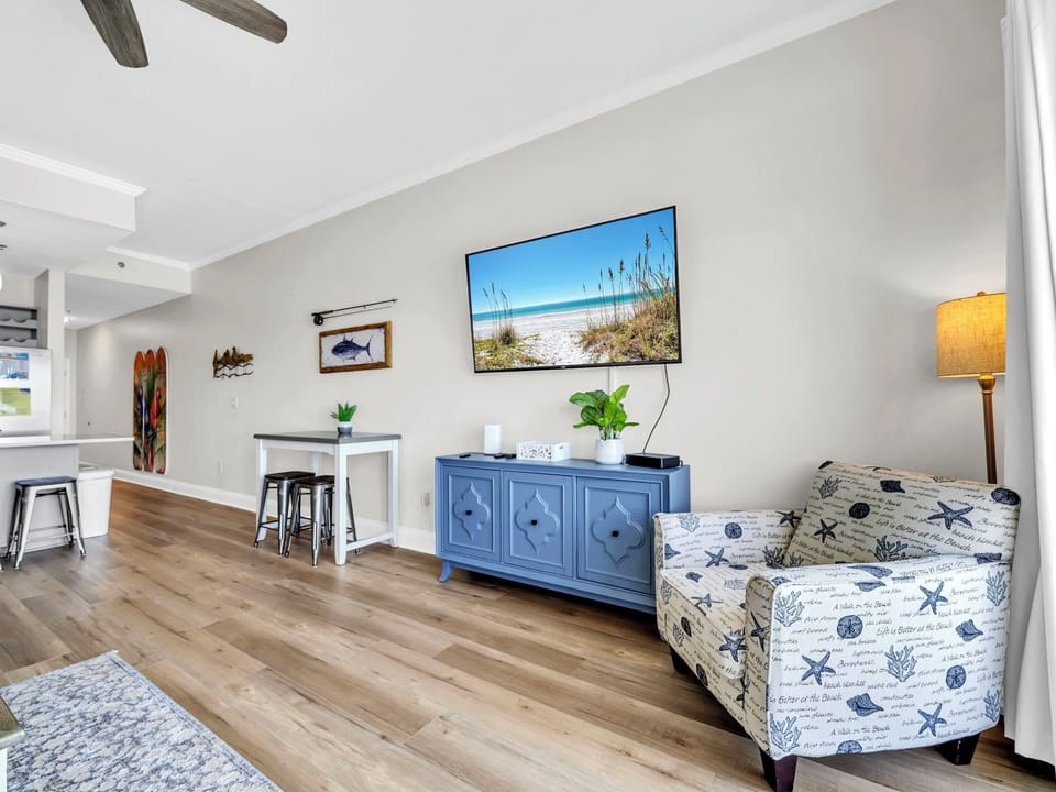 Enjoy a movie on the flat-screen TV