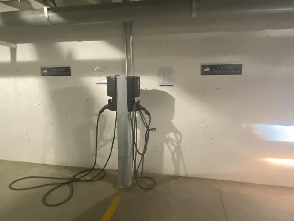 Electric charging stations in the heated underground parking garage 