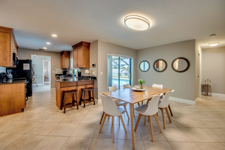 Indoor dining table seats 8 (extra chairs in guest rooms)