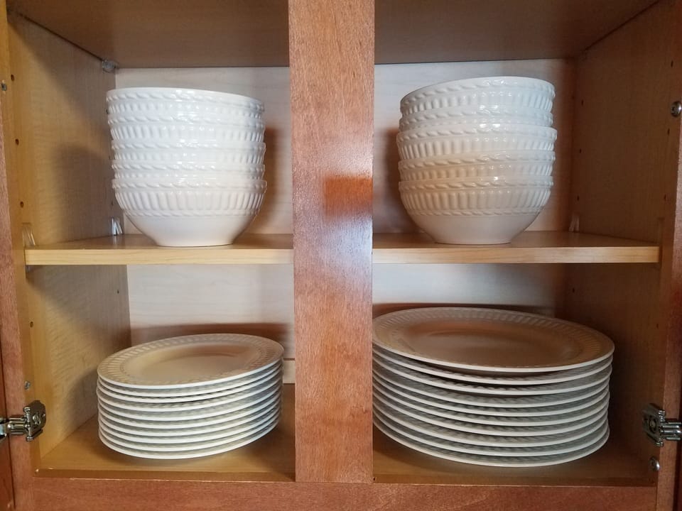 Your kitchen comes well-stocked with elegant dinnerware, making meal prep and serving effortless during your stay.