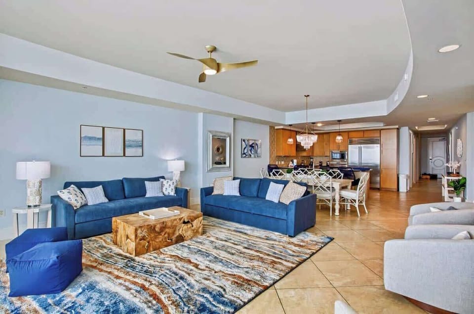 A stylish, open-concept retreat with ocean-inspired decor, cozy seating, and a gourmet kitchen. Perfect for relaxation and memories.