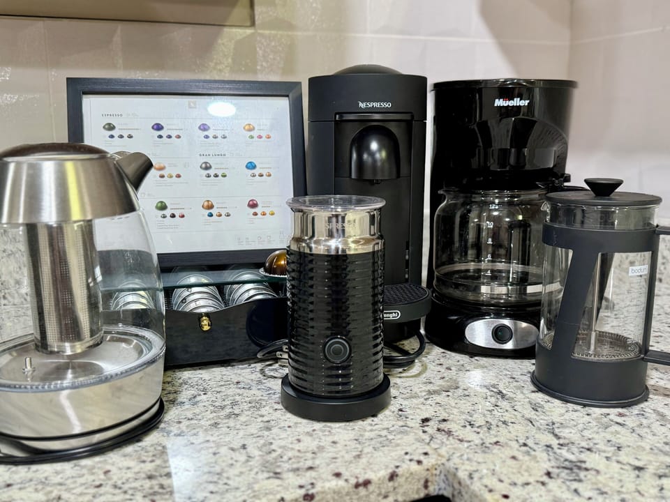 Multiple coffee and tea options incliuding Nespresso and French press.