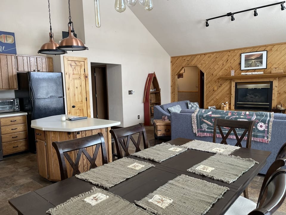 Open living room, dining room and kitchen.