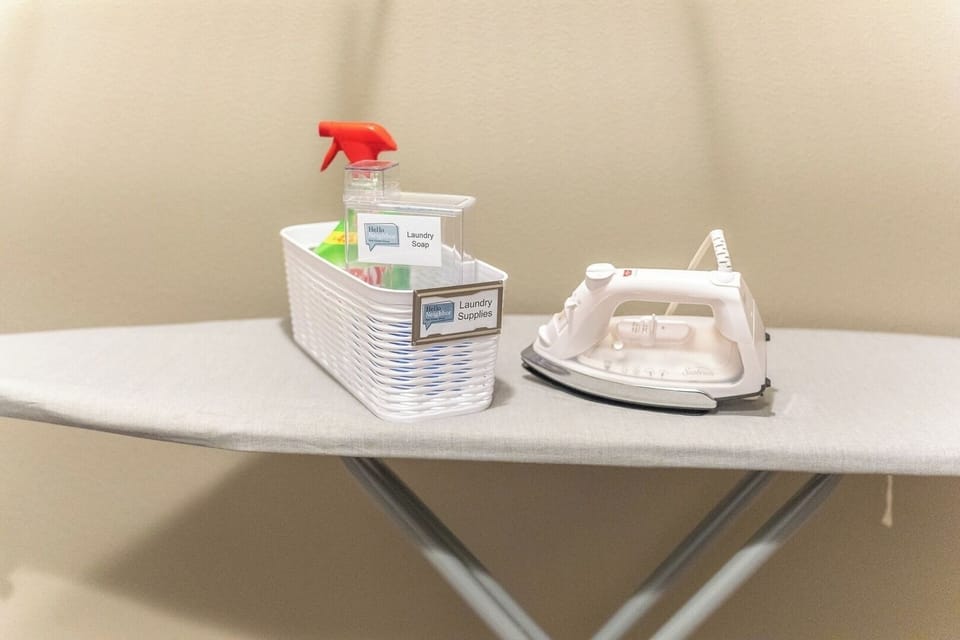 Laundry is fully stocked and ready to go, with detergent, basic supplies, an iron, and ironing board provided for your stay. Perfect for longer visits, work trips, or anytime you want to keep things fresh without leaving the unit.