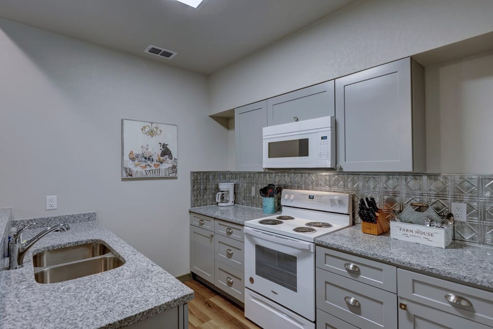 Full size appliances, toaster, basic coffee maker, all pots/pans/etc