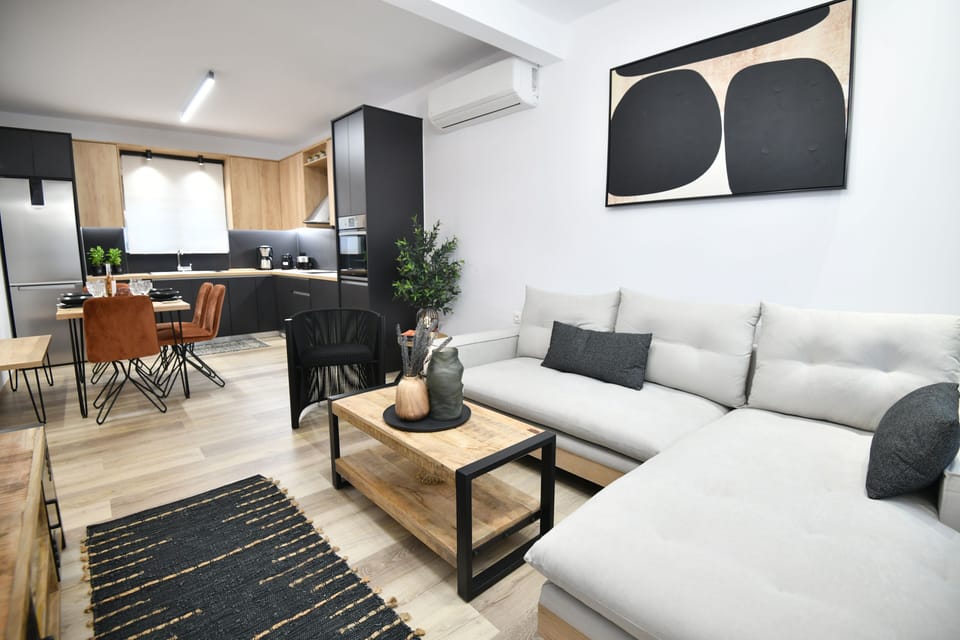 Olive Forest Villa- Living room with corner sofa-bed and fully equipped kitchen