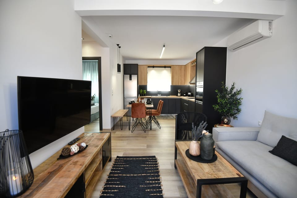 Olive Forest Villa- Living room with corner sofa-bed and fully equipped kitchen