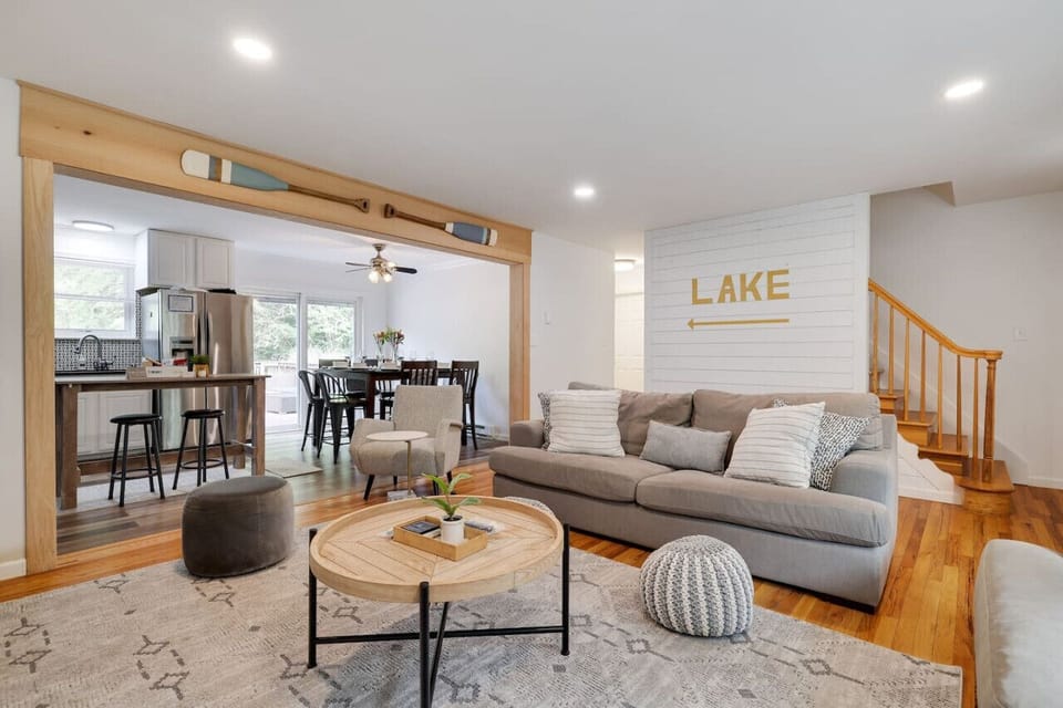 **Living Room** Gather around the living room coffee table for some family fun with board games, or simply kick back and relax on our comfy you take in the rustic charm of our homey rental property.