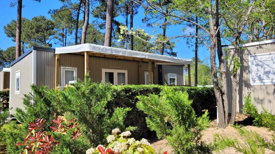 Charming camping home surrounded by lush greenery, creating a serene retreat.