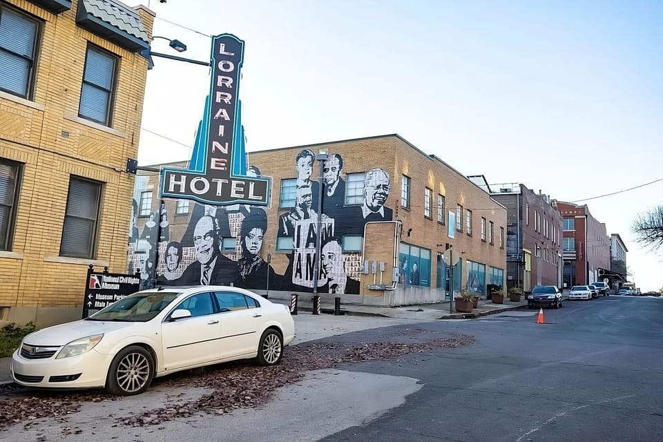 Arrive downtown to an iconic exterior with striking mural.