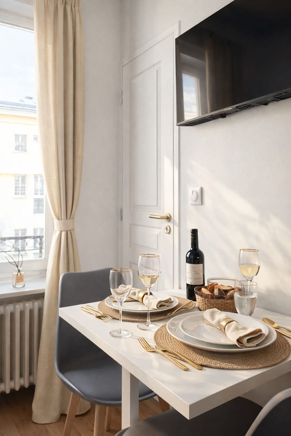 Elegant dining setup in the living room, wine included