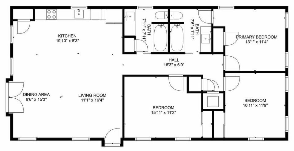 Floor Plan showing 3 bedrooms, 2 bathrooms, kitchen, living area. (not pictured, backyard space to the left off living space).
