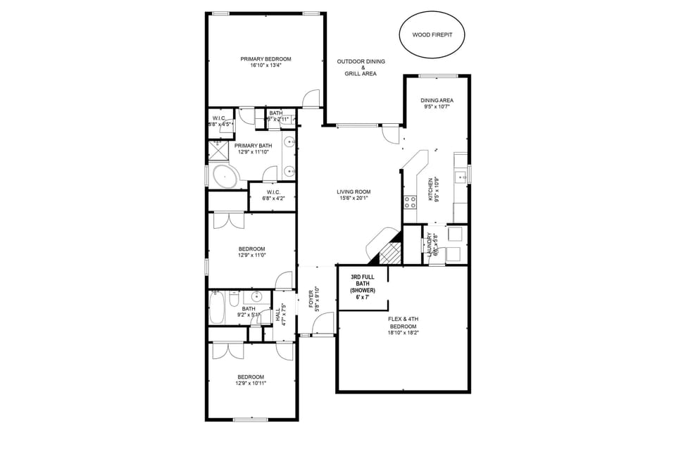 4 bedroom, 3 full bathroom floor plan