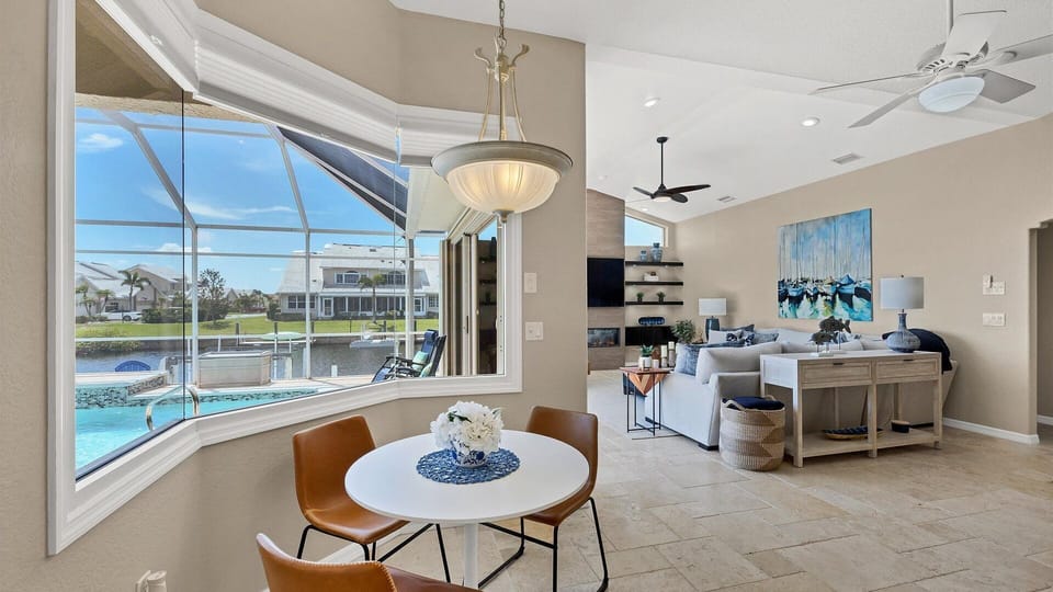 Bright views overlooking the pool from the breakfast table