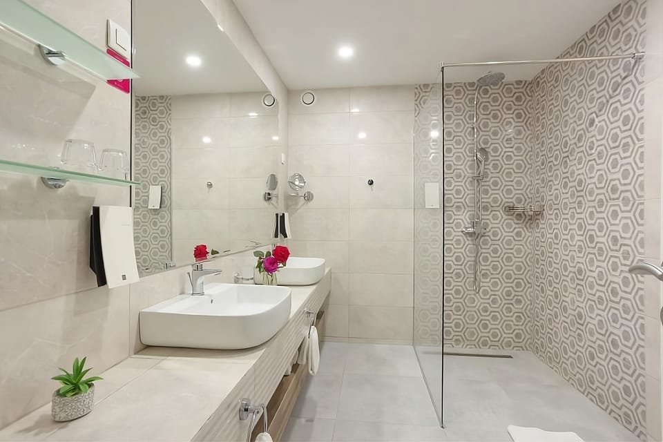 Full bathroom with a shower. Basic toiletries and towels are provided