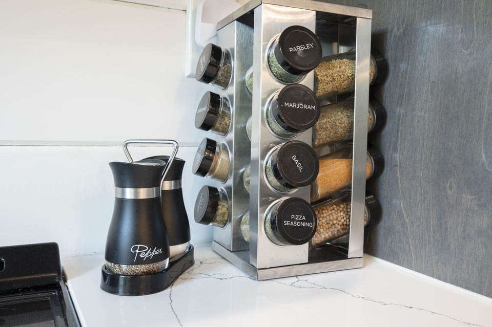 A full selection of spices provided for guests to cook up that gourmet meal.