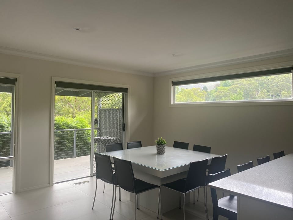 Dining space overlooking front porch