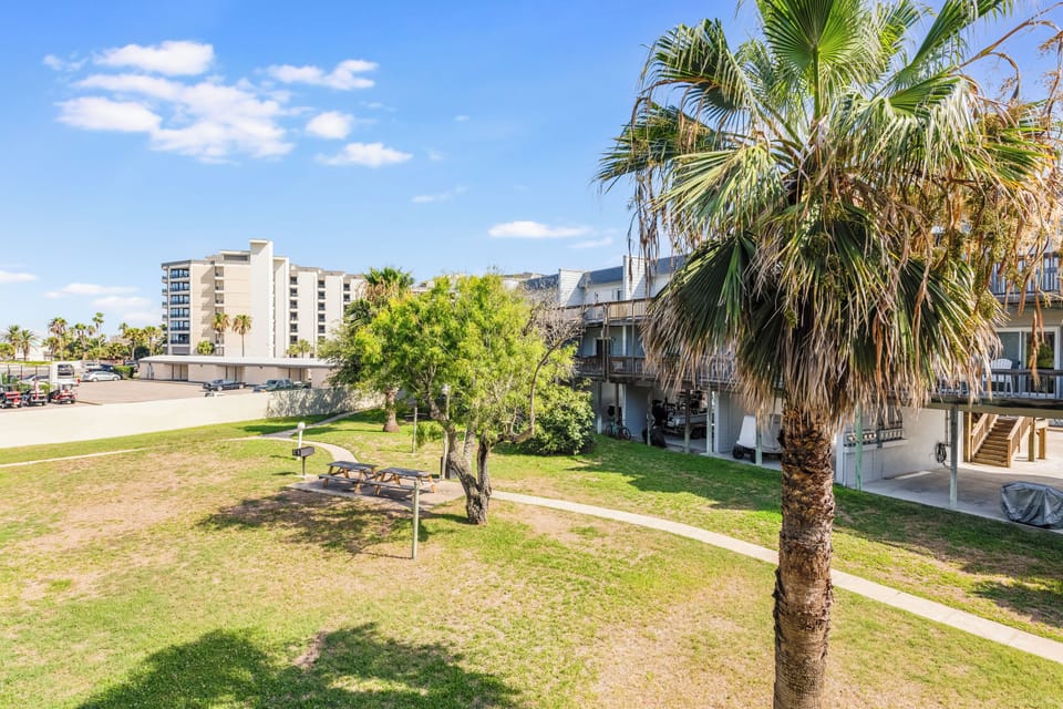 Coastal property surrounded by palm trees and green spaces, with modern buildings and recreational areas nearby.