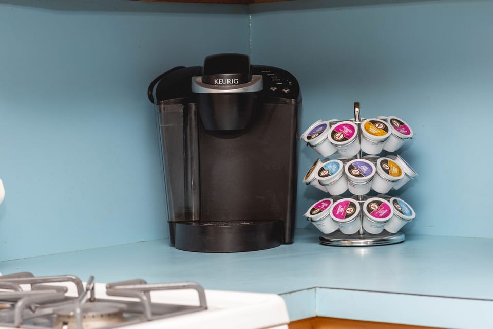 The keurig is stocked with plenty of complementary k-cups 
