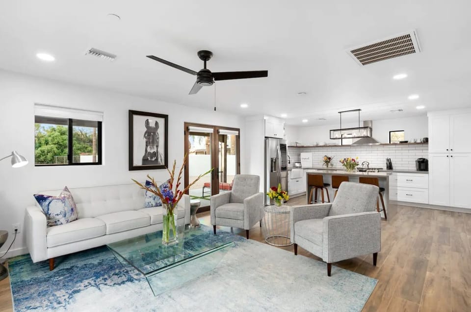 Living room and kitchen area. 