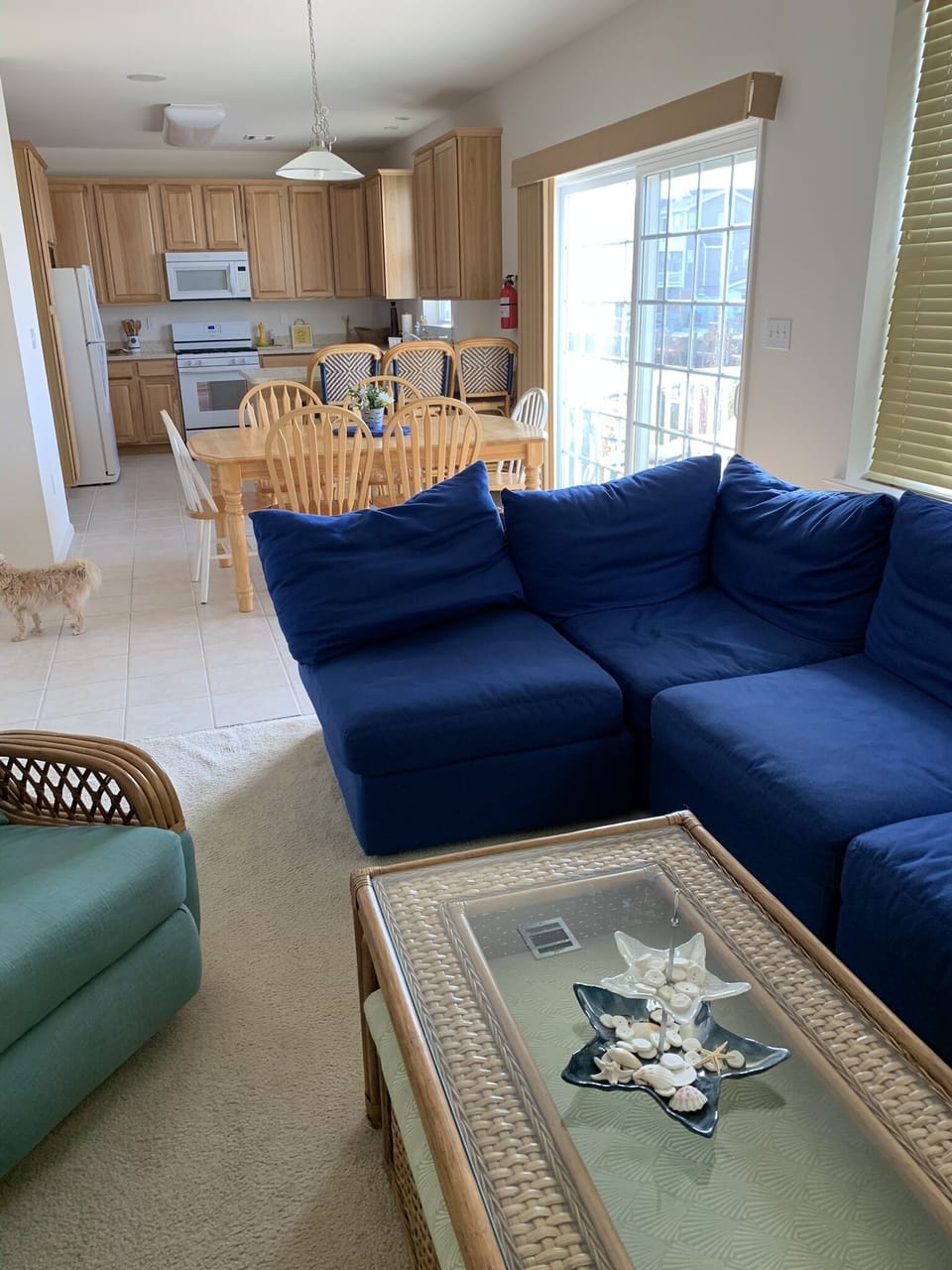 Family room with plenty of seating, TV, deck access, ceiling fan.