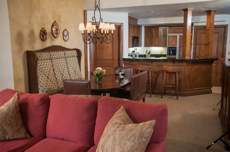 View from living room to dining area and kitchen.