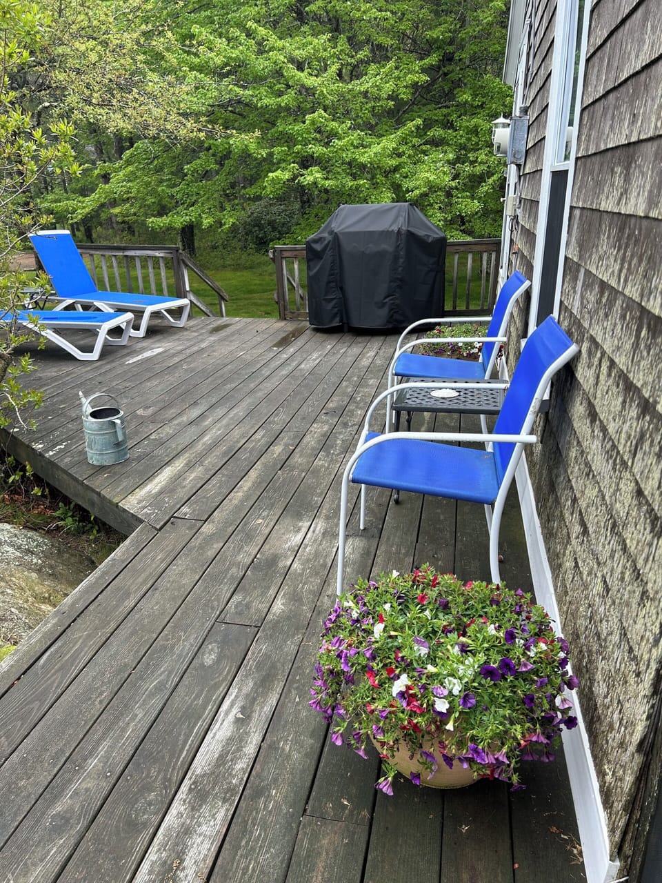 Sunny deck with lounge chairs and Weber grill