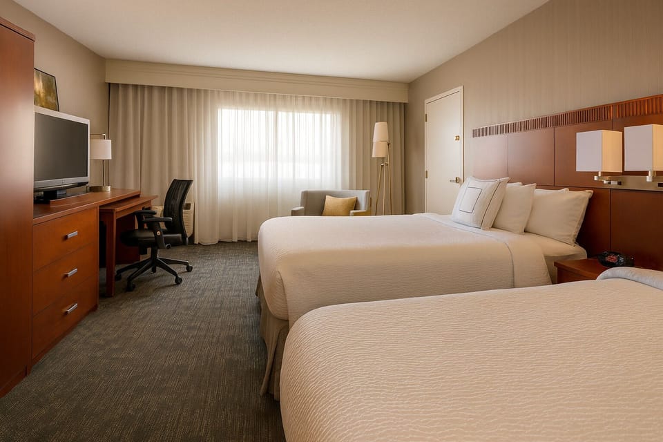 Recharge in a sunlit room with crisp bedding and calm tones.