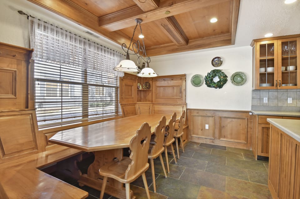 A built in dining room table that easily seats 10 will make you feel like you've truly landed in Switzerland.