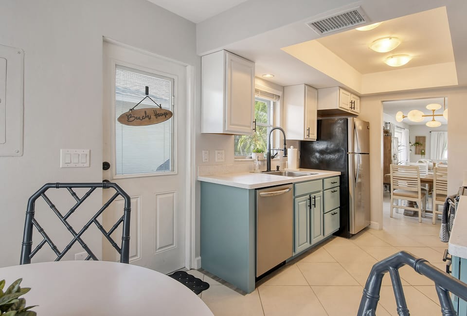 Stainless steel appliances:  fridge, stove, dishwasher, and microwave